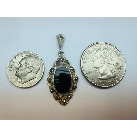 Vintage Sterling Silver 925 Marcasite Black Onyx Drop Dangle Earrings 5.2g - Picture 5 of 8